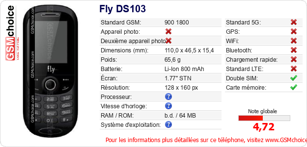 Fly DS103 Fiche technique Fly DS103 Fiche technique