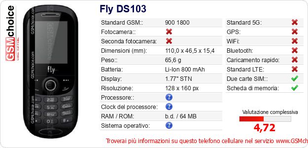 Fly DS103 Dati tecnici di telefono cellulare Fly DS103 Dati tecnici di telefono cellulare
