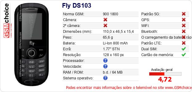 Fly DS103 Especificações técnicas do telemóvel Fly DS103 Especificações técnicas do telemóvel