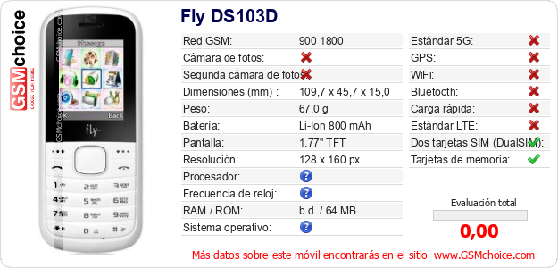 Fly DS103D Datos técnicos del móvil 
