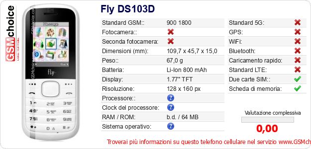 Fly DS103D Dati tecnici di telefono cellulare Fly DS103D Dati tecnici di telefono cellulare