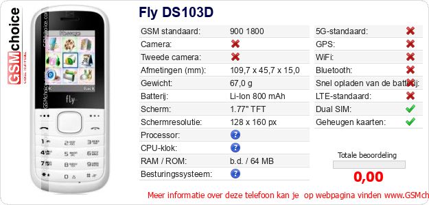 Fly DS103D Technische gegevens Fly DS103D Technische gegevens