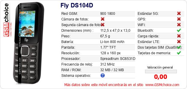 Fly DS104D Datos técnicos del móvil Fly DS104D Datos técnicos del móvil