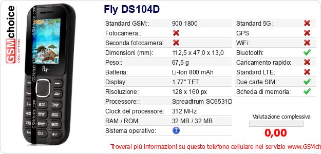 Fly DS104D Dati tecnici di telefono cellulare 