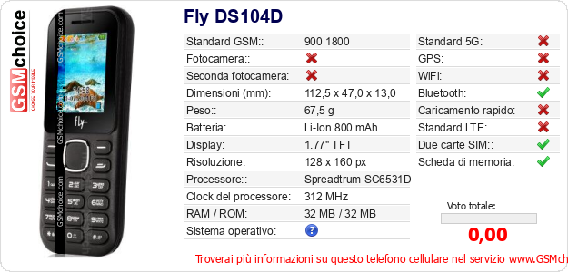 Fly DS104D Dati tecnici di telefono cellulare Fly DS104D Dati tecnici di telefono cellulare
