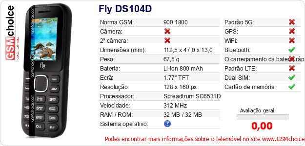 Fly DS104D Especificações técnicas do telemóvel Fly DS104D Especificações técnicas do telemóvel