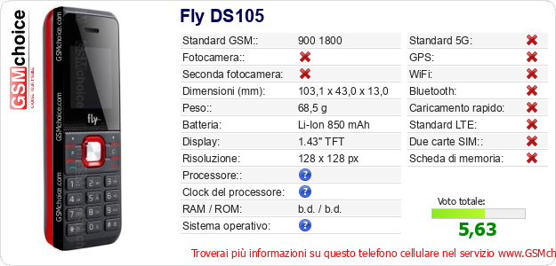 Fly DS105 Dati tecnici di telefono cellulare Fly DS105 Dati tecnici di telefono cellulare