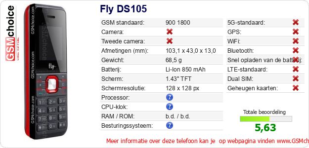 Fly DS105 Technische gegevens Fly DS105 Technische gegevens