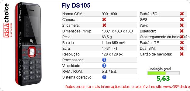 Fly DS105 Especificações técnicas do telemóvel 
