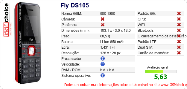 Fly DS105 Especificações técnicas do telemóvel 