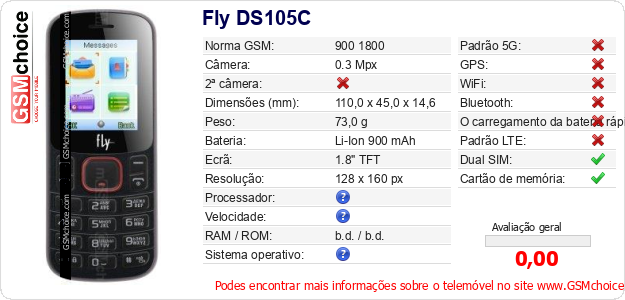 Fly DS105C Especificações técnicas do telemóvel Fly DS105C Especificações técnicas do telemóvel