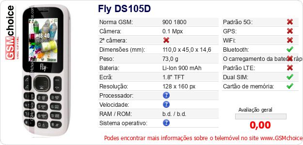 Fly DS105D Especificações técnicas do telemóvel 