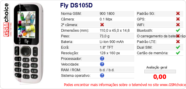 Fly DS105D Especificações técnicas do telemóvel Fly DS105D Especificações técnicas do telemóvel