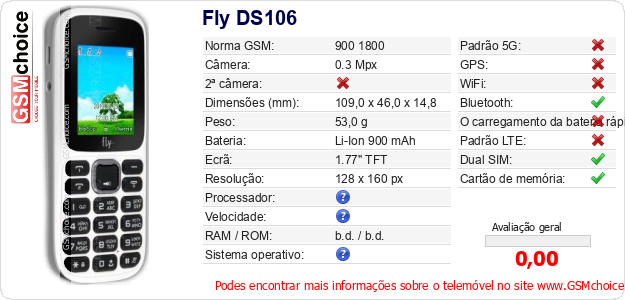 Fly DS106 Especificações técnicas do telemóvel 