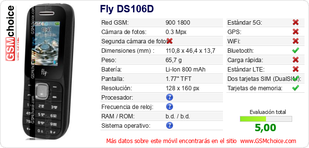 Fly DS106D Datos técnicos del móvil Fly DS106D Datos técnicos del móvil