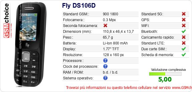 Fly DS106D Dati tecnici di telefono cellulare Fly DS106D Dati tecnici di telefono cellulare