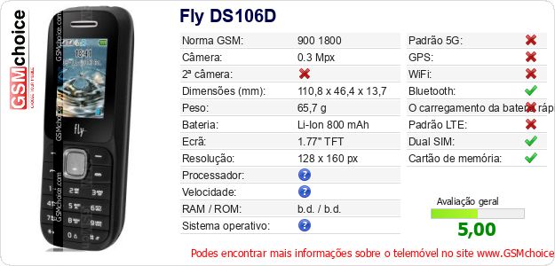 Fly DS106D Especificações técnicas do telemóvel 