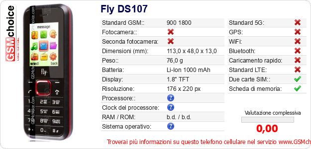 Fly DS107 Dati tecnici di telefono cellulare 