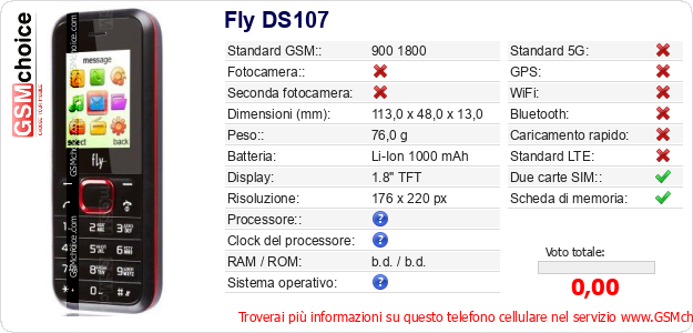 Fly DS107 Dati tecnici di telefono cellulare Fly DS107 Dati tecnici di telefono cellulare
