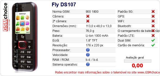 Fly DS107 Especificações técnicas do telemóvel 