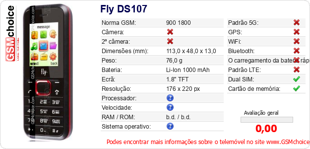 Fly DS107 Especificações técnicas do telemóvel Fly DS107 Especificações técnicas do telemóvel