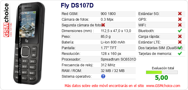Fly DS107D Datos técnicos del móvil 