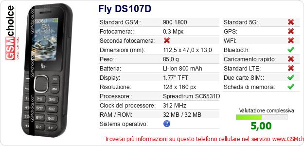 Fly DS107D Dati tecnici di telefono cellulare Fly DS107D Dati tecnici di telefono cellulare