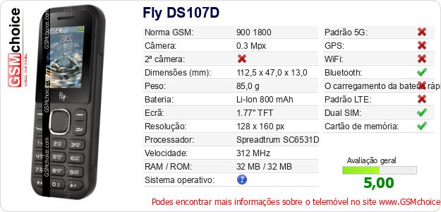 Fly DS107D Especificações técnicas do telemóvel 