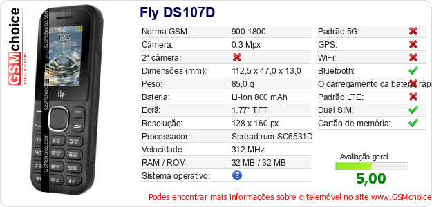 Fly DS107D Especificações técnicas do telemóvel Fly DS107D Especificações técnicas do telemóvel