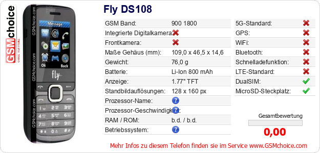 Fly DS108 technische Daten Fly DS108 technische Daten