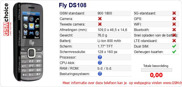 Fly DS108 Technische gegevens Fly DS108 Technische gegevens