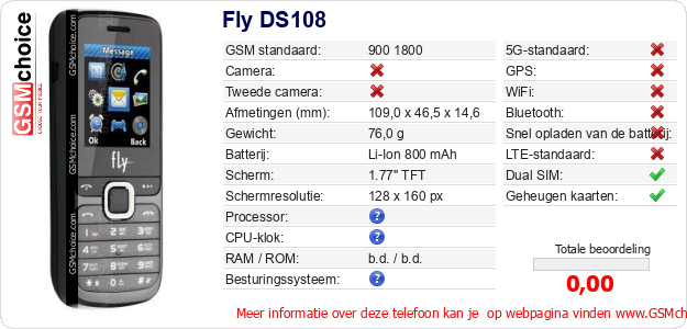 Fly DS108 Technische gegevens Fly DS108 Technische gegevens