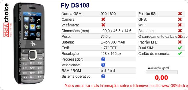 Fly DS108 Especificações técnicas do telemóvel Fly DS108 Especificações técnicas do telemóvel