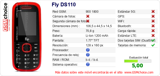 Fly DS110 Datos técnicos del móvil Fly DS110 Datos técnicos del móvil