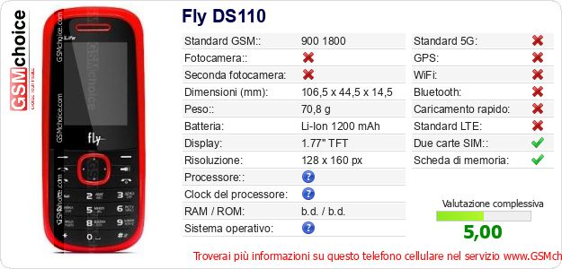 Fly DS110 Dati tecnici di telefono cellulare 