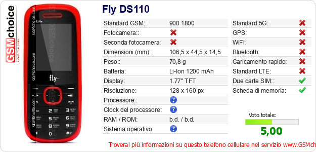 Fly DS110 Dati tecnici di telefono cellulare 