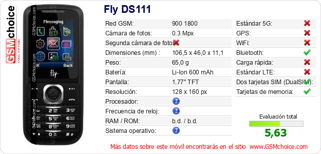 Fly DS111 Datos técnicos del móvil Fly DS111 Datos técnicos del móvil