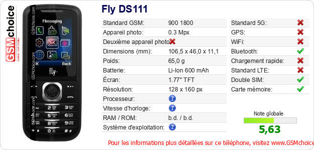 Fly DS111 Fiche technique Fly DS111 Fiche technique
