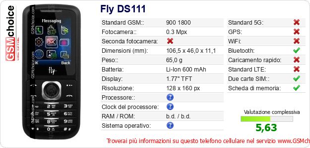 Fly DS111 Dati tecnici di telefono cellulare Fly DS111 Dati tecnici di telefono cellulare
