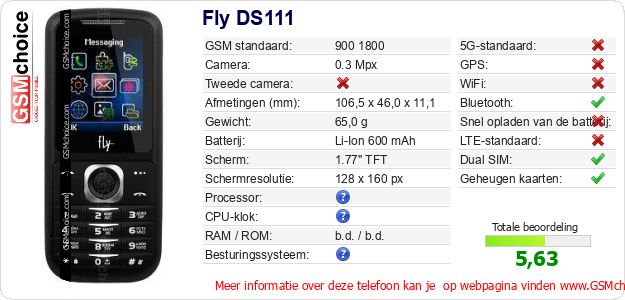 Fly DS111 Technische gegevens Fly DS111 Technische gegevens