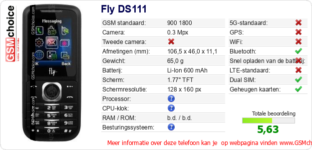 Fly DS111 Technische gegevens 