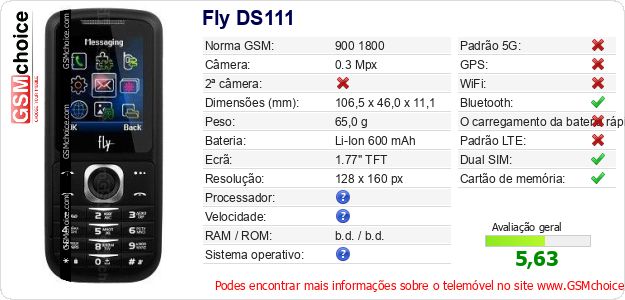 Fly DS111 Especificações técnicas do telemóvel 