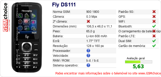 Fly DS111 Especificações técnicas do telemóvel Fly DS111 Especificações técnicas do telemóvel