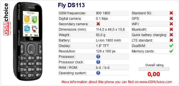 Fly DS113 technical specifications Fly DS113 technical specifications