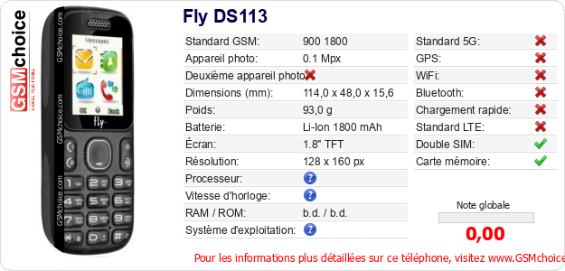 Fly DS113 Fiche technique