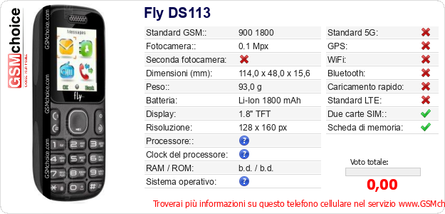 Fly DS113 Dati tecnici di telefono cellulare 