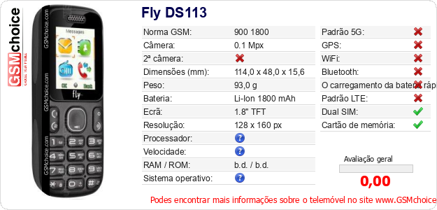 Fly DS113 Especificações técnicas do telemóvel 
