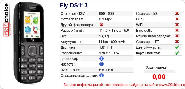 Fly DS113 Технические данные телефона Fly DS113 Технические данные телефона