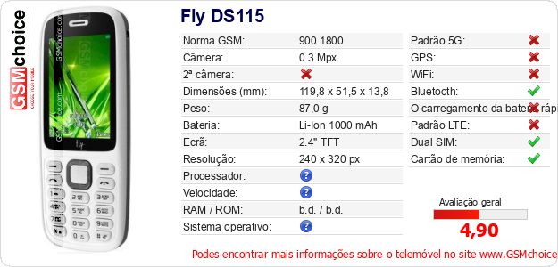 Fly DS115 Especificações técnicas do telemóvel 