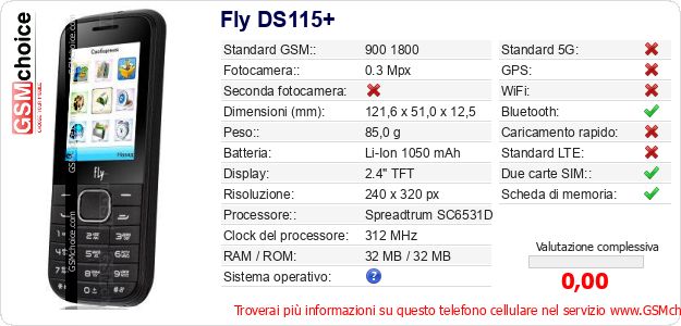 Fly DS115+ Dati tecnici di telefono cellulare 